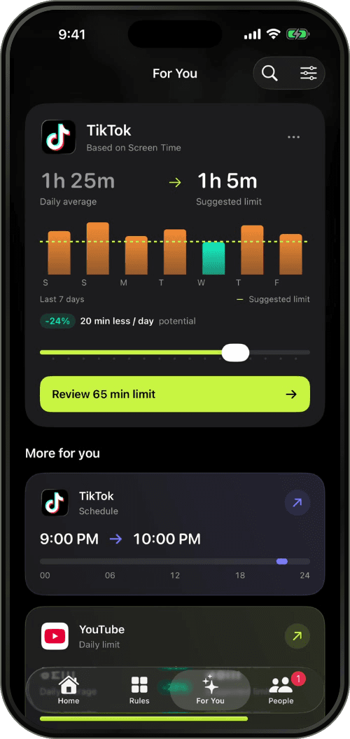 Warden For You screen suggesting a lower daily limit for TikTok