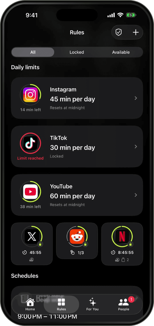 Warden Rules screen listing daily limits for Instagram, TikTok and YouTube