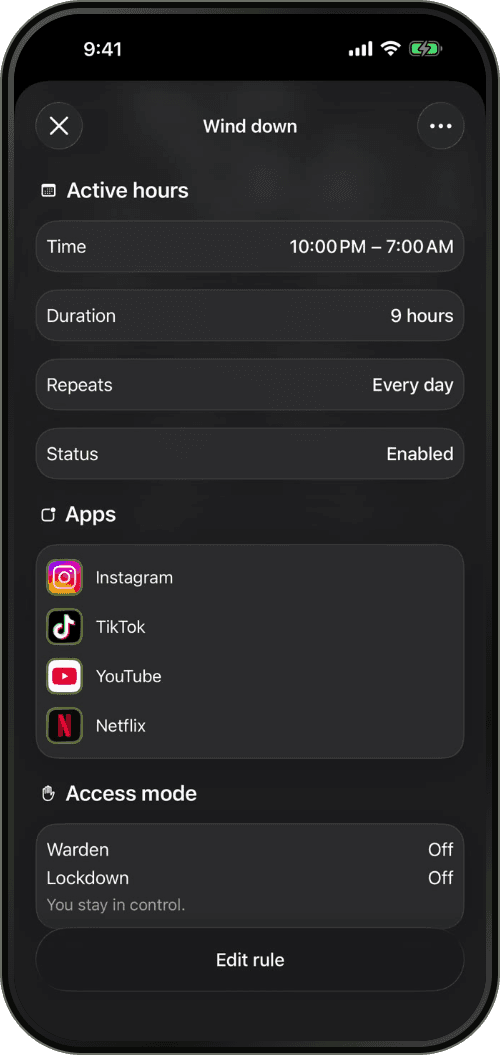 A Wind down schedule that blocks apps from 10:00 PM to 7:00 AM