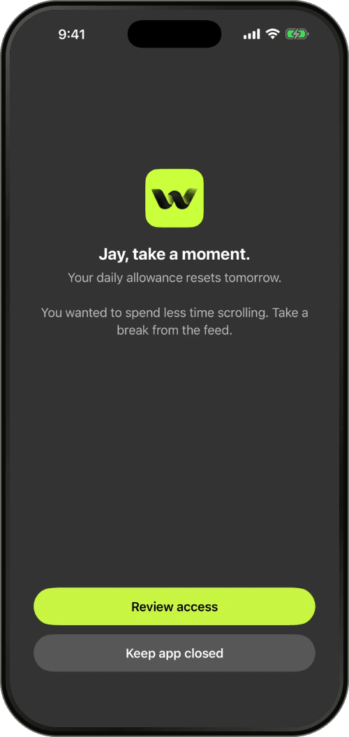 Warden block screen shown when an app’s daily limit is reached