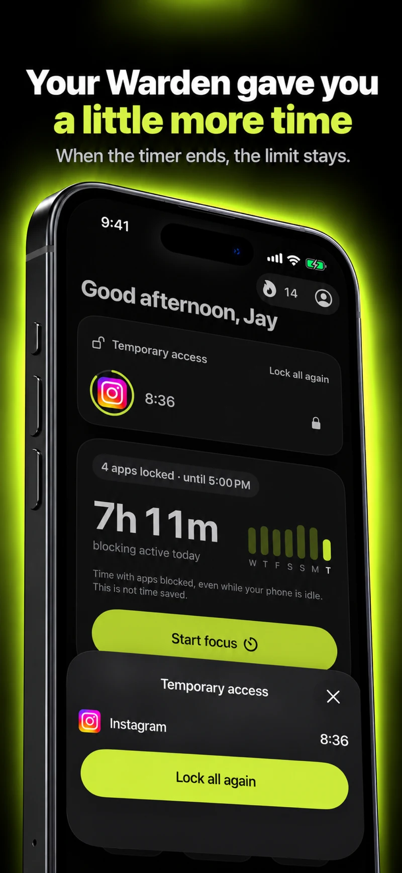 In Warden mode, your Warden approves or declines. No answer keeps the app locked.