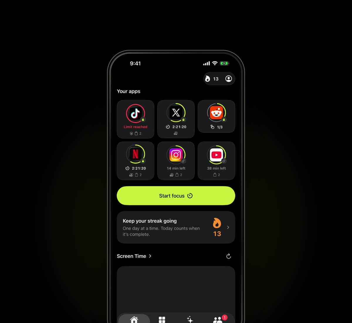 Warden Home screen showing app limits and a Start focus button