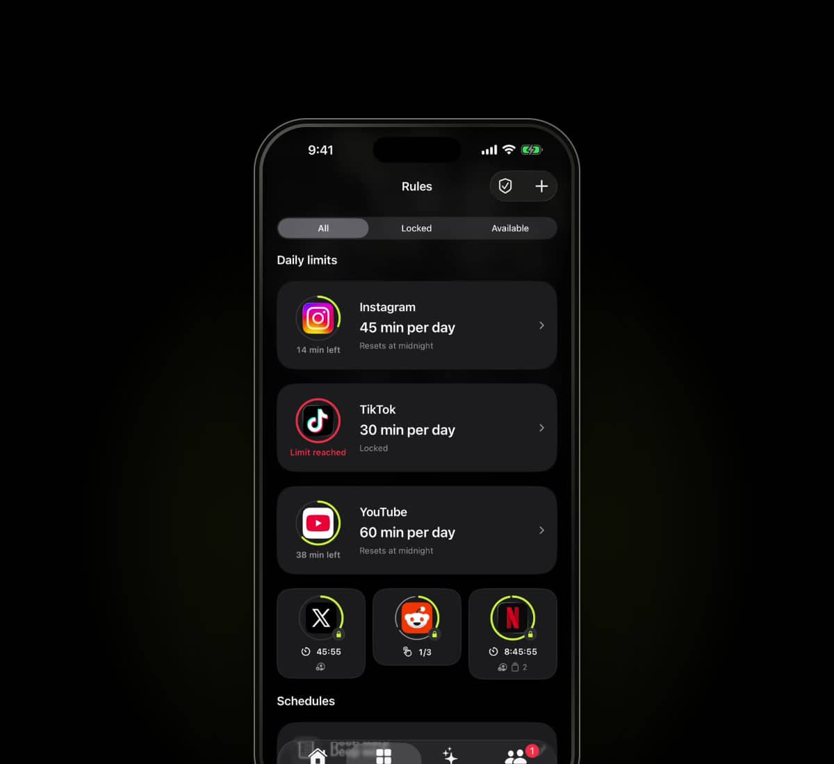 Warden-Regelübersicht mit Tageslimits für Instagram, TikTok und YouTube