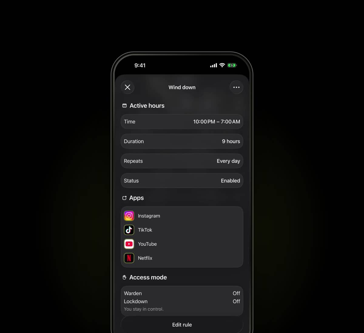 A Wind down schedule that blocks apps from 10:00 PM to 7:00 AM