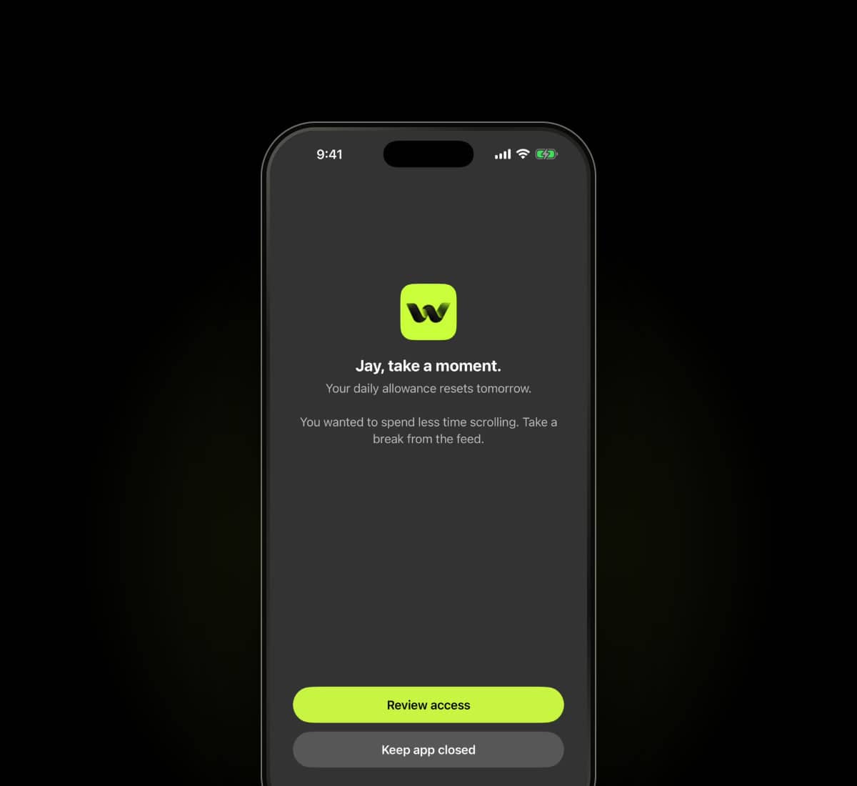 Warden-Sperrbildschirm, der erscheint, wenn das Tageslimit einer App erreicht ist