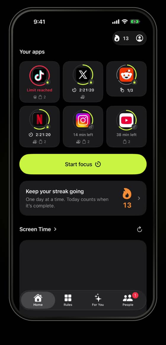 Warden-Startbildschirm mit App-Limits und der Schaltfläche „Fokus starten“