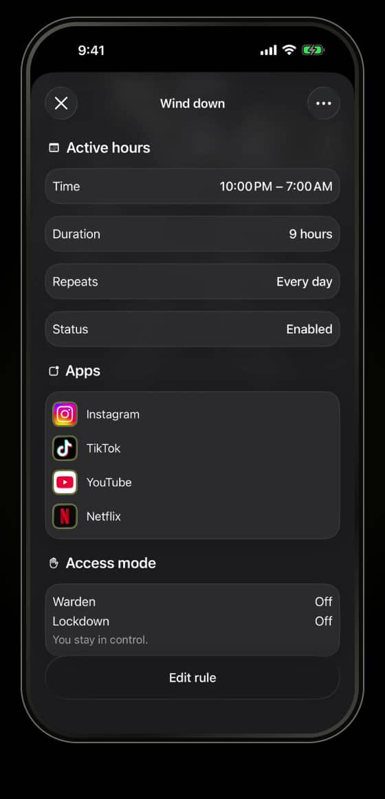 Ein Zeitplan zum Abschalten, der Apps von 22:00 bis 7:00 Uhr sperrt