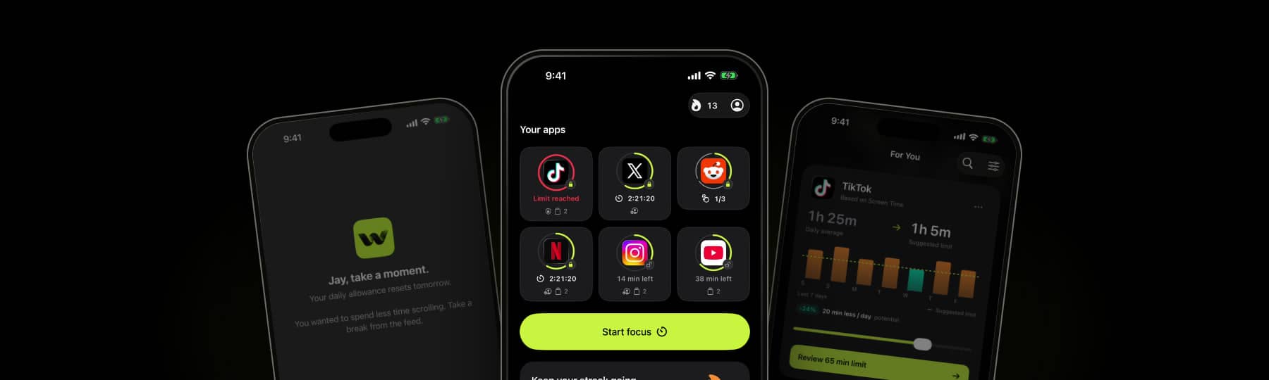 Warden-Startbildschirm mit App-Limits und der Schaltfläche „Fokus starten“