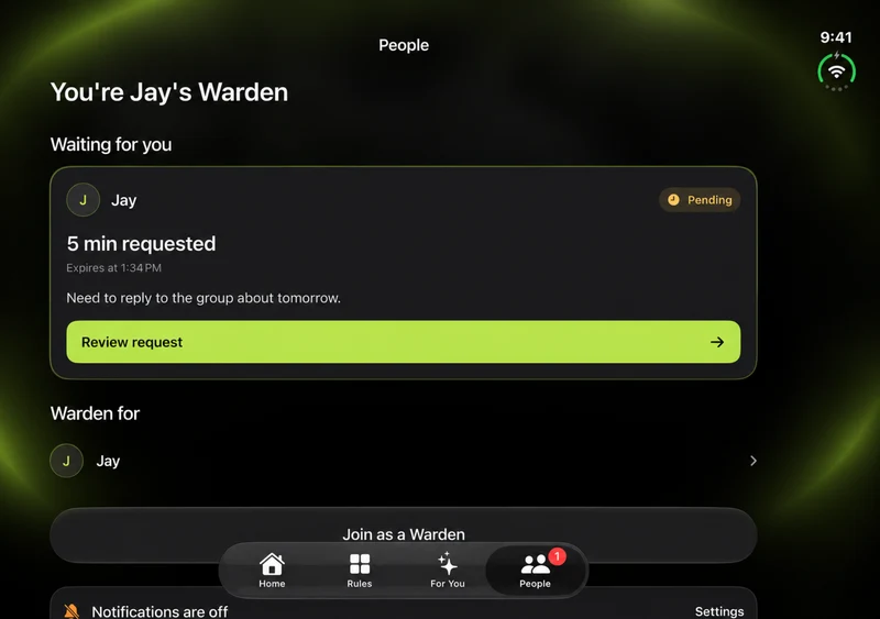 Prepared iPhone Duo inner-display showing a Warden request