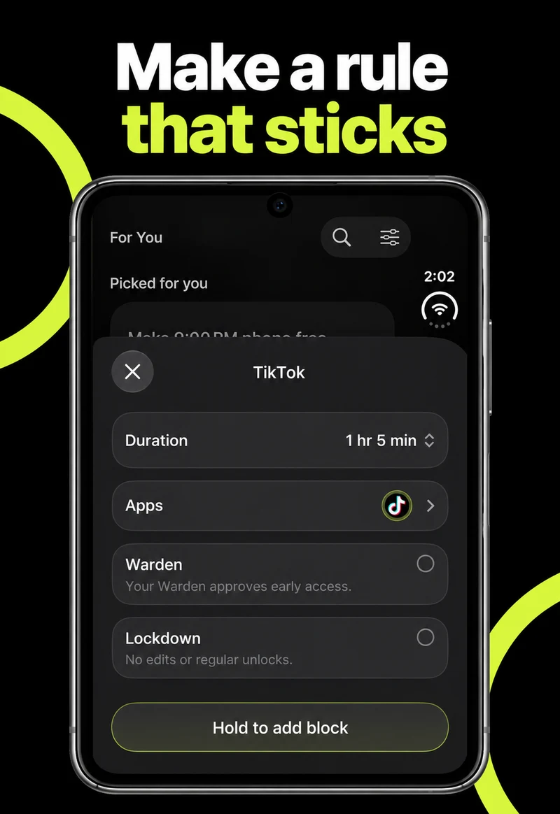 Prepared iPhone Duo outer-display showing Warden rule setup