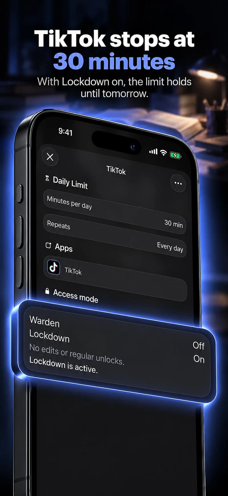 Warden: tiktok stops at 30 minutes