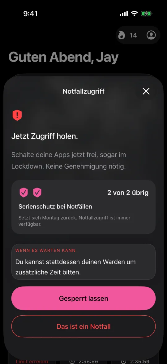 Notfallzugriff, der Apps auch im Lockdown entsperrt