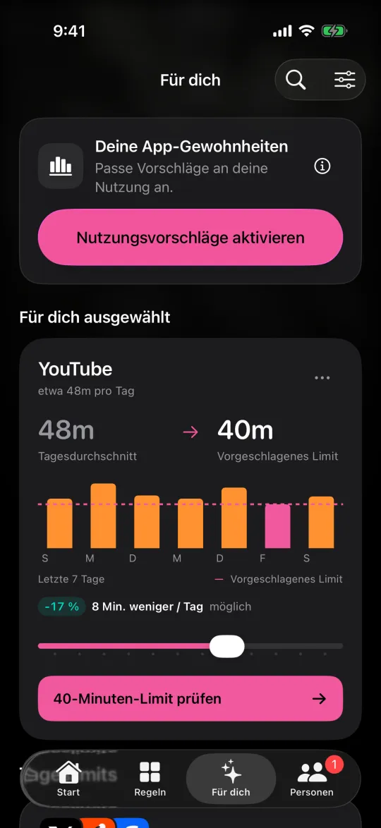 „Für dich“ schlägt ein niedrigeres Tageslimit für YouTube vor