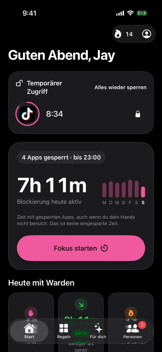 Temporärer Zugriff auf TikTok mit Countdown auf dem Start-Bildschirm