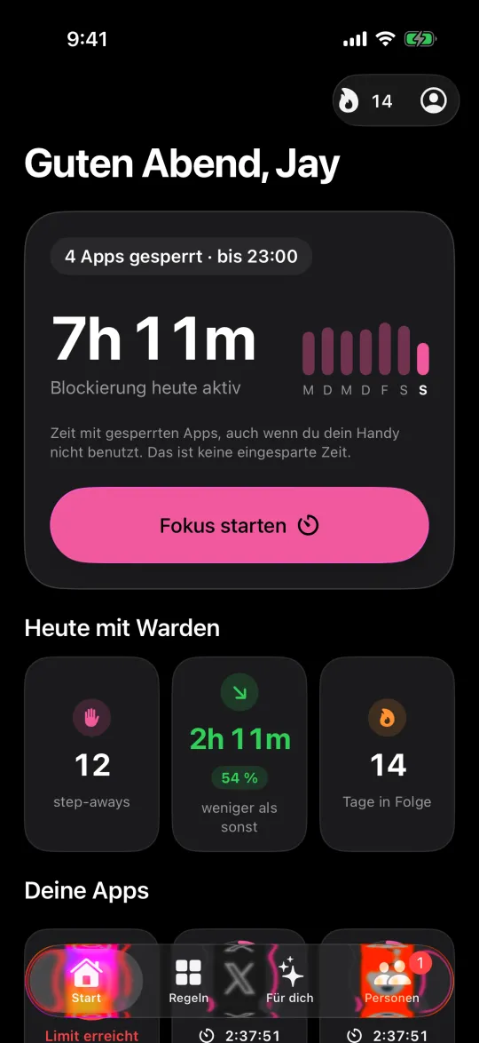 Der Start-Bildschirm von Warden mit gesperrten Apps, Sperrzeit und Serie