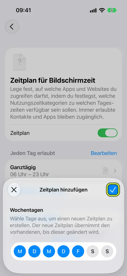 „Zeitplan hinzufügen“ mit ausgewählten Tagen Montag bis Freitag