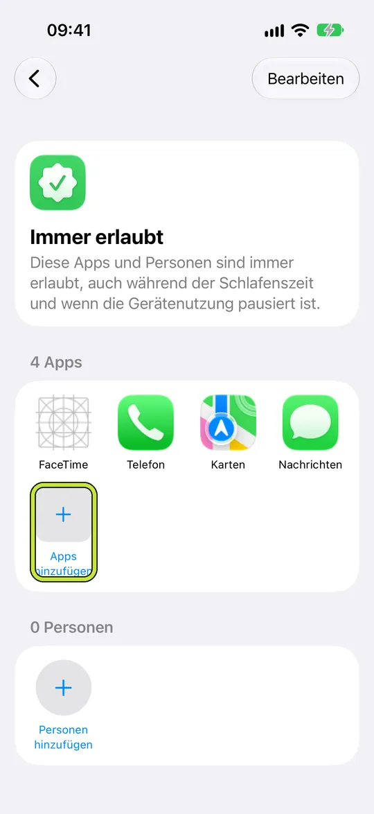 „Immer erlaubt“ mit markiertem „Apps hinzufügen“