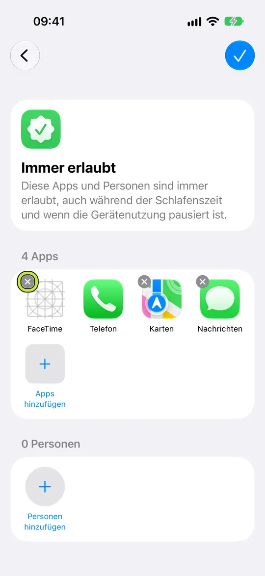 „Immer erlaubt“ beim Bearbeiten, mit Tasten zum Entfernen an den Apps