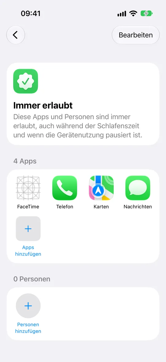 „Immer erlaubt“ mit Apps sowie „Apps hinzufügen“ und „Personen hinzufügen“