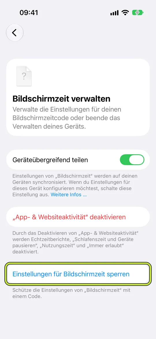 „Bildschirmzeit verwalten“ mit markiertem „Einstellungen für Bildschirmzeit sperren“