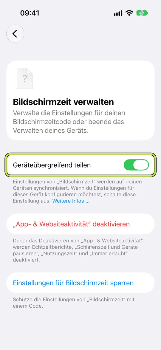 „Bildschirmzeit verwalten“ mit markiertem „Geräteübergreifend teilen“