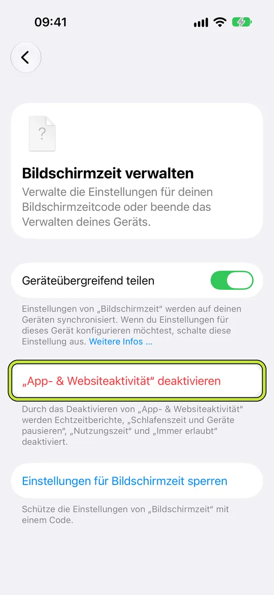 „Bildschirmzeit verwalten“ mit markierter Taste zum Deaktivieren der „App- & Websiteaktivität“