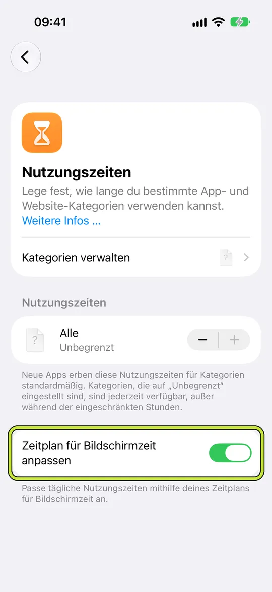 „Nutzungszeiten“ mit markiertem „Zeitplan für Bildschirmzeit anpassen“