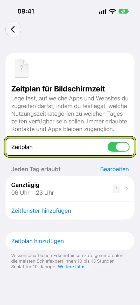 „Zeitplan für Bildschirmzeit“ mit aktiviertem „Zeitplan“