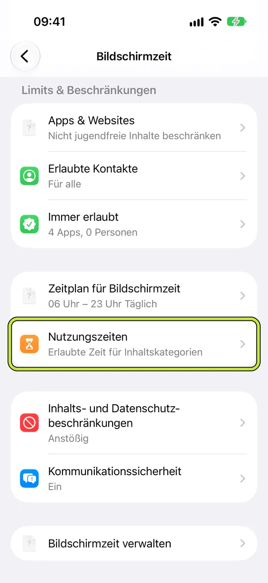 Bildschirmzeit-Einstellungen mit markierten „Nutzungszeiten“