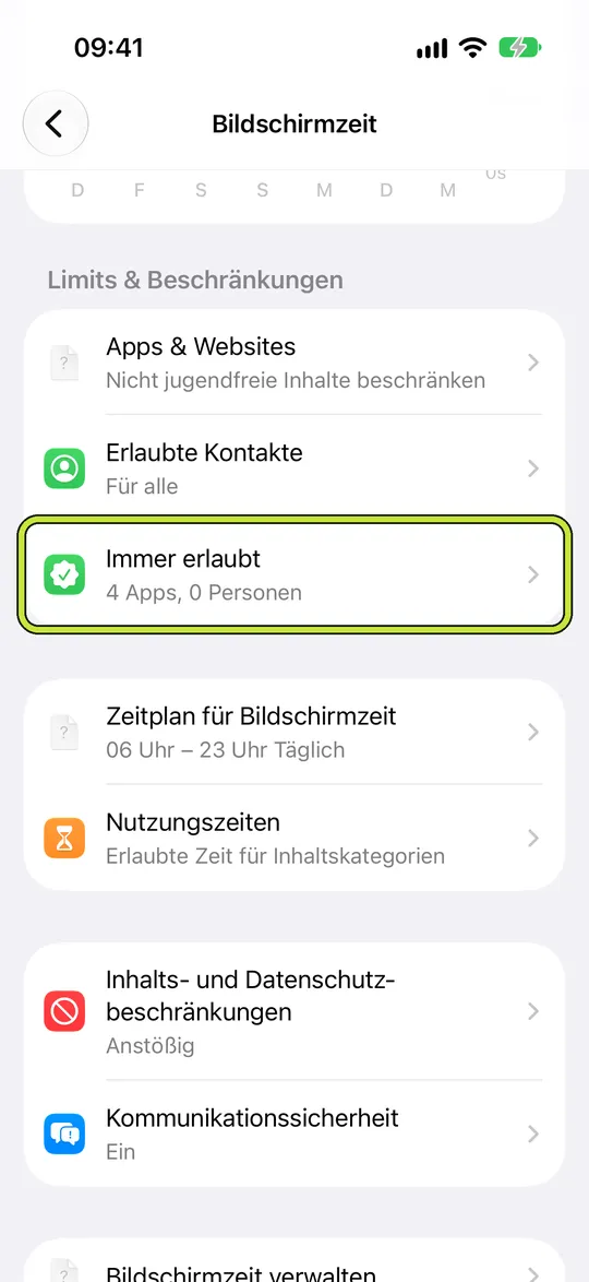 Bildschirmzeit-Einstellungen mit markiertem „Immer erlaubt“