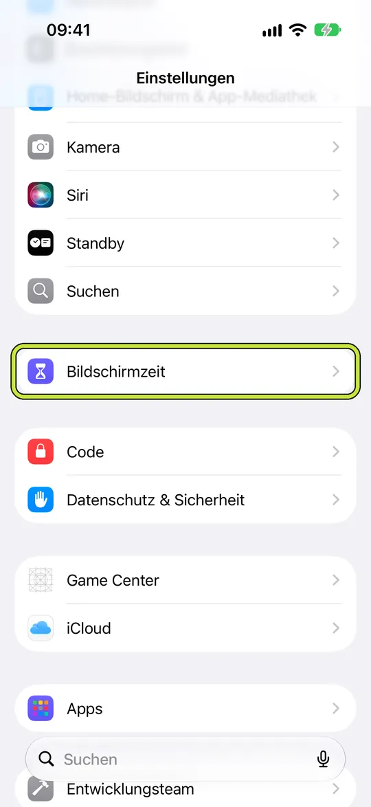 Die App „Einstellungen“ mit markierter „Bildschirmzeit“