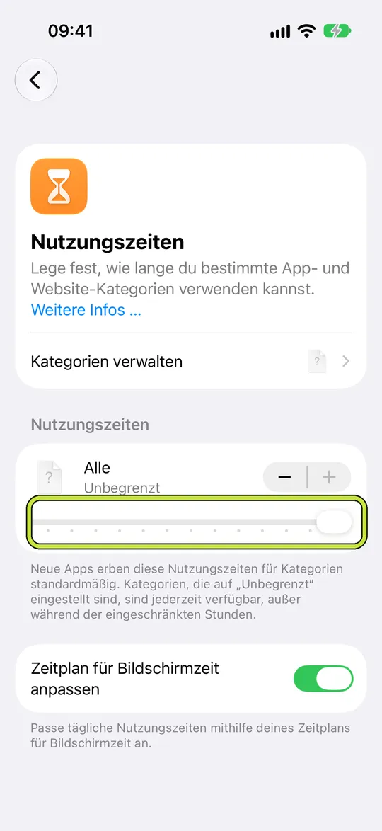 „Nutzungszeiten“ mit geöffnetem Schieberegler für „Alle“