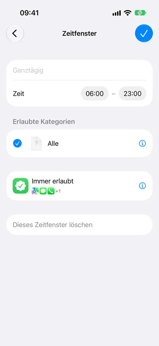 Ein Zeitfenster mit Start- und Endzeit und erlaubten Kategorien