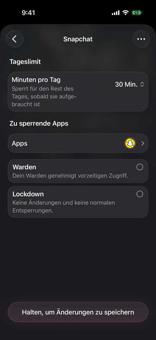 Bearbeiten eines Tageslimits von 30 Minuten mit den Optionen Warden und Lockdown