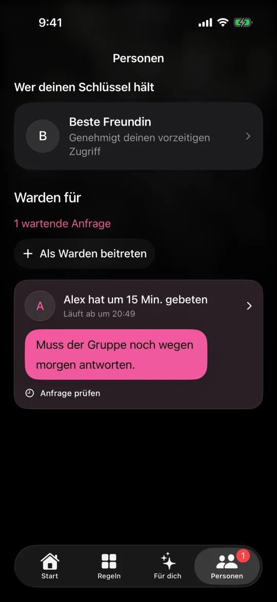 Der Bildschirm „Personen“ mit deinem Warden und der Anfrage eines Freundes