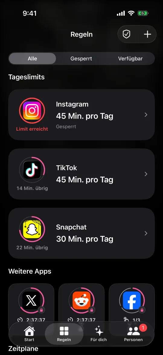 Der Bildschirm „Regeln“ mit Tageslimits für Instagram, TikTok und Snapchat