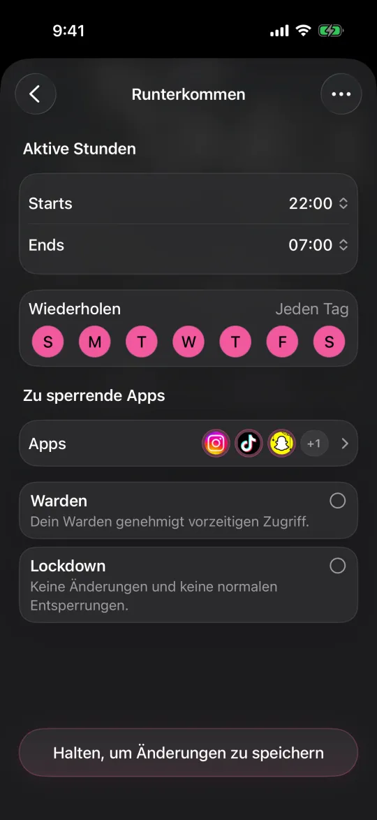 Bearbeiten eines Zeitplans, der Apps täglich von 22:00 bis 7:00 Uhr blockiert