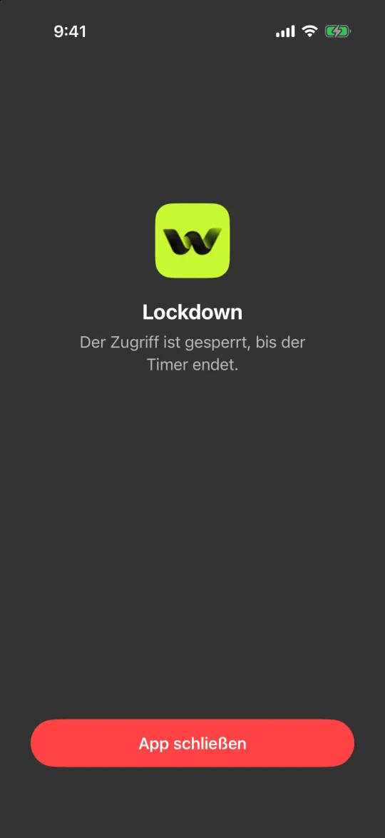 Der Lockdown-Sperrbildschirm mit nur einer Taste: „App schließen“