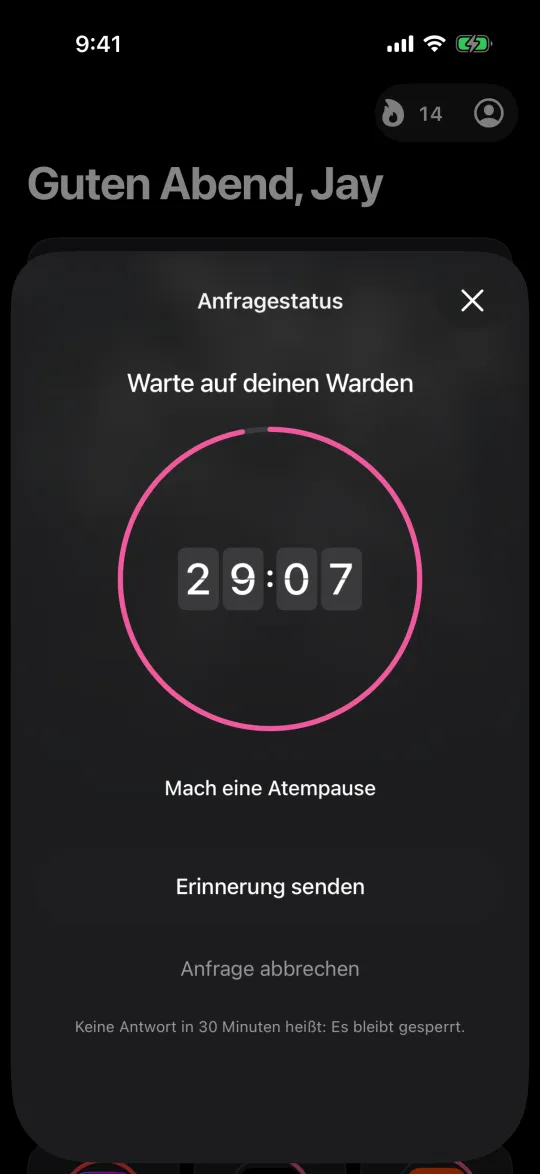 Eine Anfrage wartet auf deinen Warden, mit einem 30-Minuten-Countdown