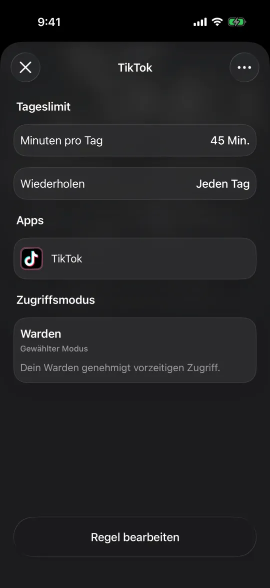 Ein TikTok-Limit im Warden-Modus, bei dem dein Warden vorzeitigen Zugriff genehmigt