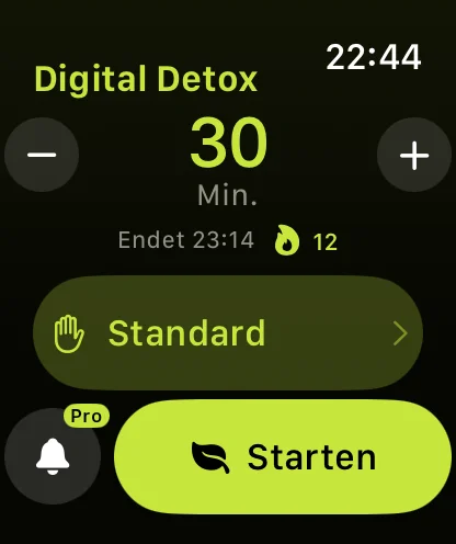 Warden auf der Apple Watch mit einem Digital Detox über 30 Minuten, bereit zum Start