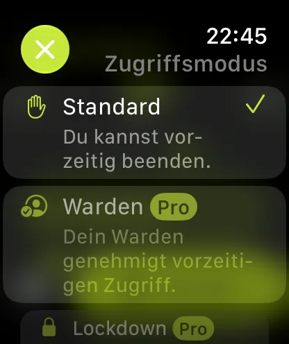 Auswahl zwischen Standard, Warden und Lockdown für ein Detox auf der Apple Watch