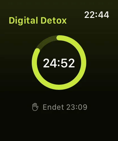 Ein laufendes Digital Detox auf der Apple Watch, die Restzeit als Ring