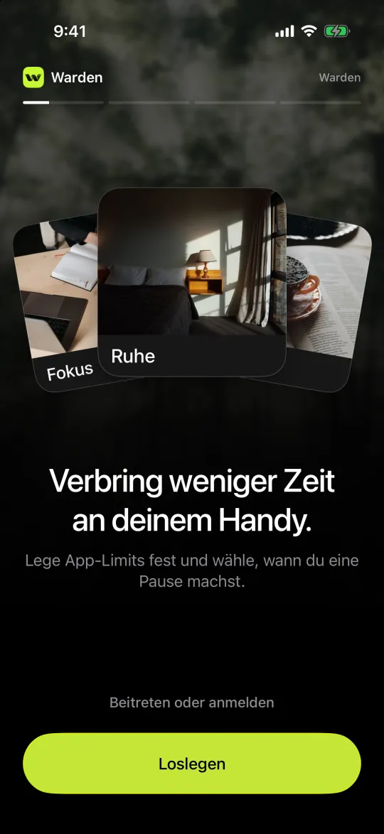 Der erste Bildschirm von Warden mit der Taste „Loslegen“
