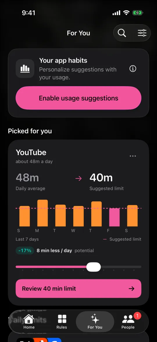 For You suggesting a lower daily limit for YouTube