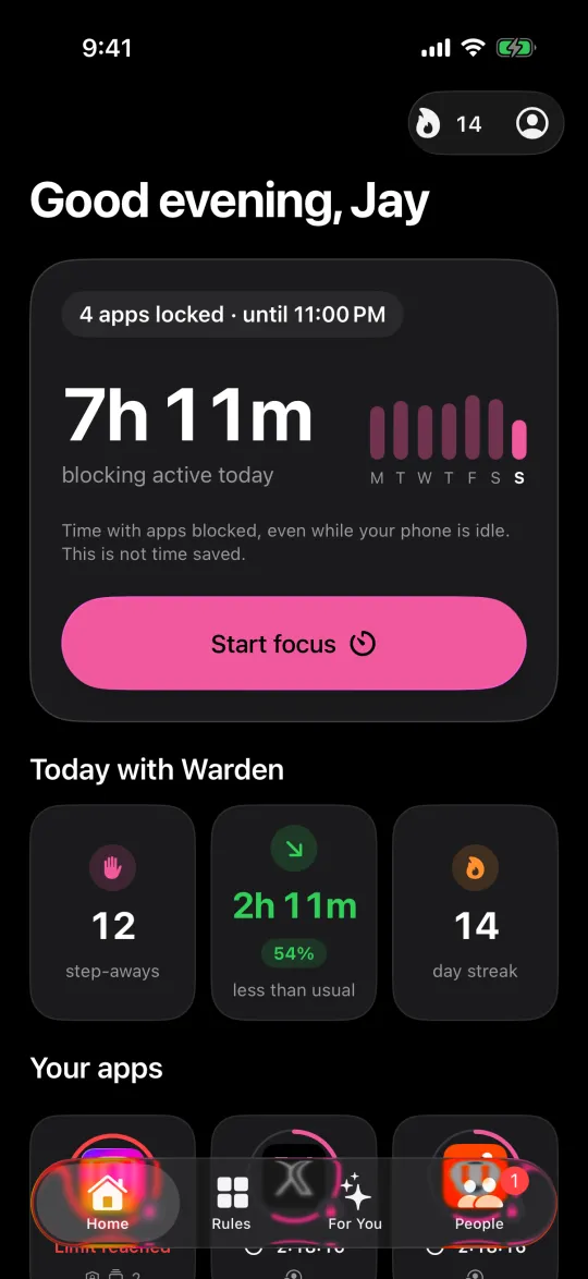 Warden Home showing locked apps, blocking time and a streak