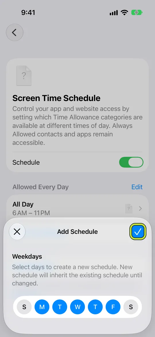 Add Schedule with Monday to Friday selected