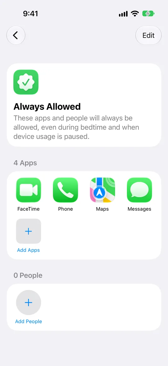 Always Allowed listing apps, with Add Apps and Add People