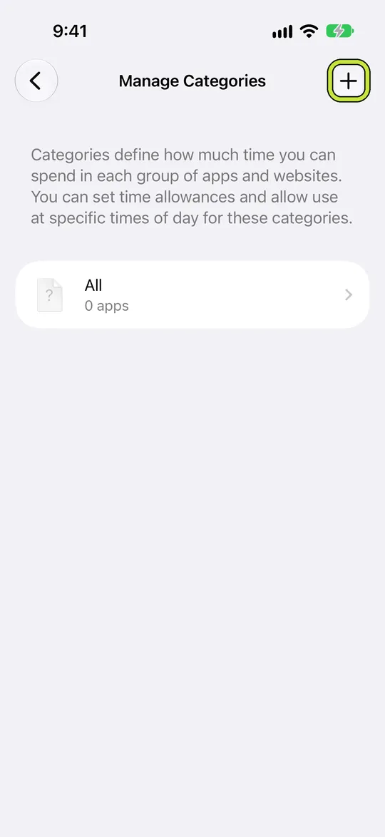 Manage Categories with the add button outlined