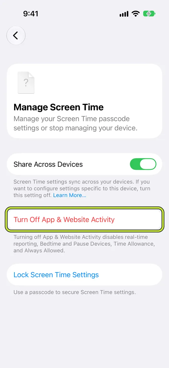 Manage Screen Time with Turn Off App & Website Activity outlined